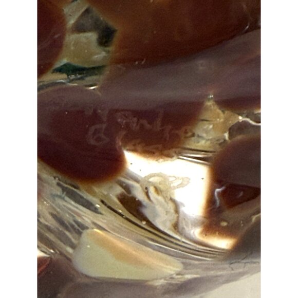 Hand Blown Art Glass Pumpkin Gourd Brown Beige Green Stem Autumn Decor Signed 5" - Picture 6 of 7